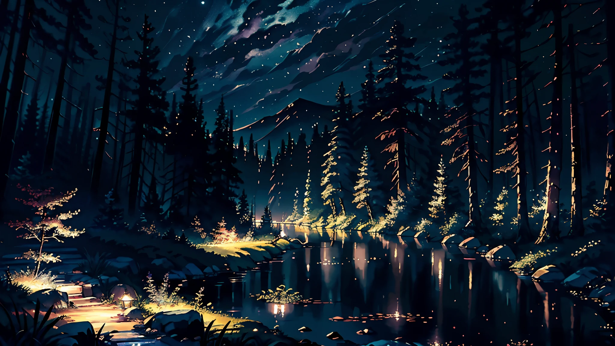 (masterpiece、Highest quality)(night:1.5)、Deep and lush ancient forest、Mysterious Forest、(静かなnightの森のlandscape:1.3)、Quiet Stream、(An illustration:1.2)、(High-resolution details:1.2)、(8K wallpapers incorporating high definition CG)、mysterious、Healing、landscape、