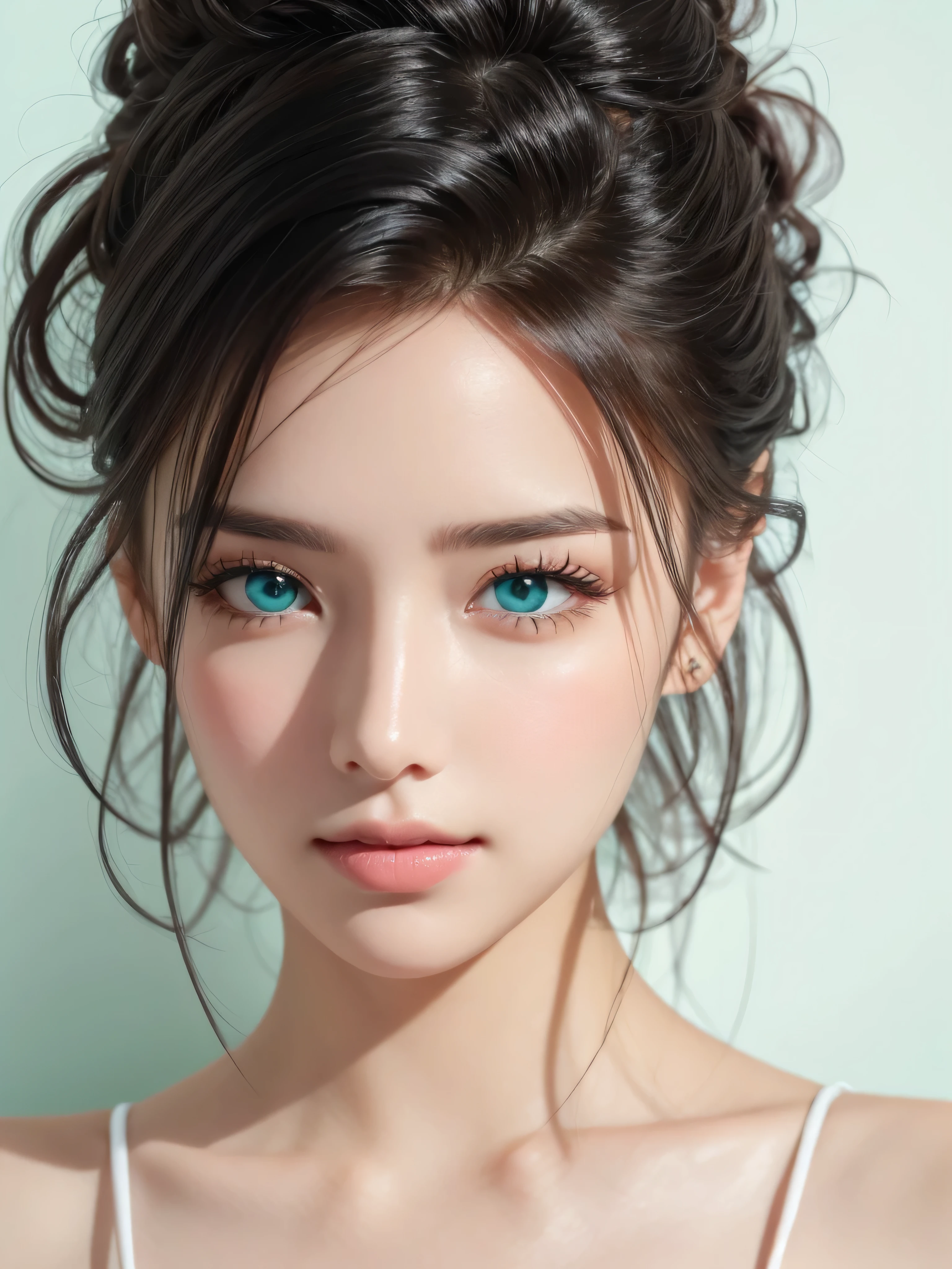 Close-up shot of a stunning woman with flawless facial features: pale white skin, small smile, and piercing blue eyes fully surrounded by luscious black hair. Her gaze is captivating, framed against a pure white background wall. Emerald green studio lighting accentuates her porcelain-lik