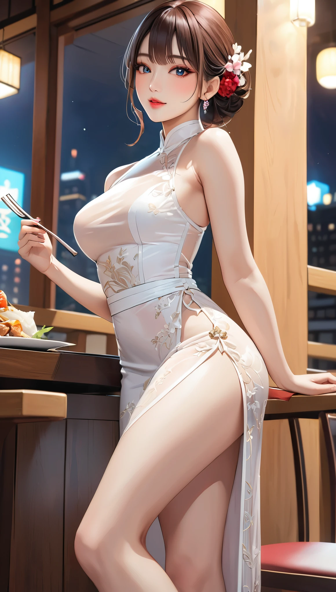 ((SFW:1.25)), (1 female, expensive, nymph, Sexually harass, Was chosen), (alone:1.4), High resolution, masterpiece, highest quality, Super detailed, ((Correct Anatomy:1.3)), (Perfect Anatomy:1.2), ((The right move:1.3)), ((Ideal body proportions:1.2)), Small Head, Oval Face, Ultra-fine illustrations, Anime Style, Thin contours, Photorealistic, Fabric Shading, Cinema Lighting, Clear focus, break, Mature Woman, 28 years old, (Sexy Gal:1.2), (Mature Woman:1.3), slim, 背のexpensiveサリー, glamorous, (Huge breasts:1.2), (Saggy breasts:1.3), (Big Breasts:1.2), (Push out your chest:1.2), break, Medium Long Hair, Half Up, Dark chestnut hair, Hair on one eye, Shaggy, Carly, Wavy, Beautiful fine details, break, (Dynamic Angle:1.5), (Close to the audience:1.2), (Looking at the audience:1.2), (Bring your face closer:1.37), (breast focus:1.3), (Face Focus:1.0), (From below:1.37), Centered Images, break, (Wearing thin-framed glasses:0.0), Revenue, bracelet, (Dynamic pose:1.35), (sitting in a chinese bar:1.2), ((Wearing a long cheongsam:1.5, white, Cow print, Delicate pattern)), (Exposing cleavage:1.2), (throw:1.2), break, (present:1.2), (Captivating smile:0.8), (Ecstatic expression:1.2), (Haa:1.0), (Open your mouth, Type O, a bit), indoor, Blurred Background, Bokeh, Depth of written boundary, At night,、Camel Toe、Giant tit、Nipple Puffs、Cleavage、Plump、Super big breasts、Super big butt、Pregnant women