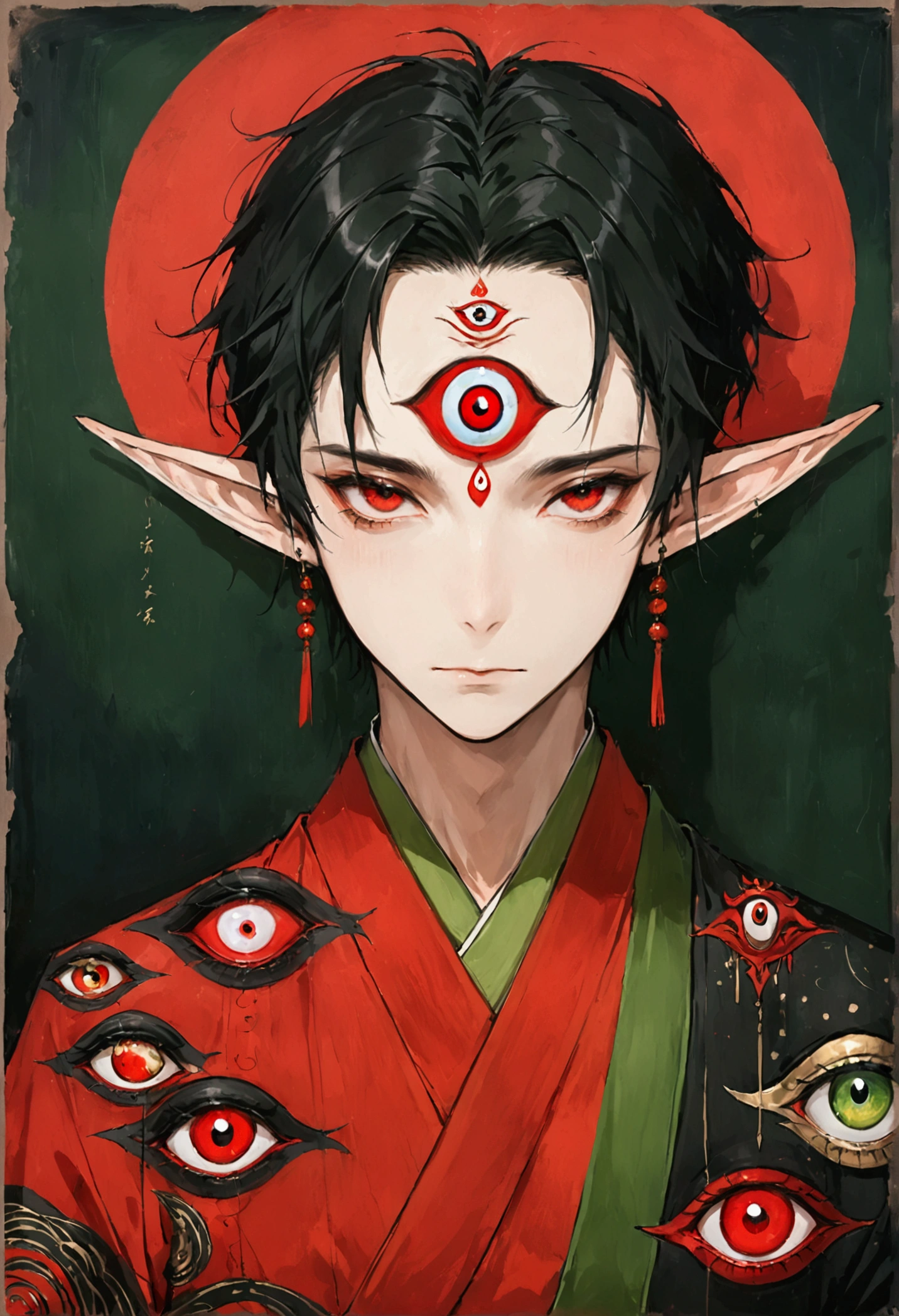 Art Illustration,Dark Style,(((1 Boy,独奏,third eye on the forehead,Elf ears))),(((Gorgeous Japanese red kimono:1.6,Eye Diagram,Dark Pattern))).(((Thin waist,Greenbelt:1.37)))