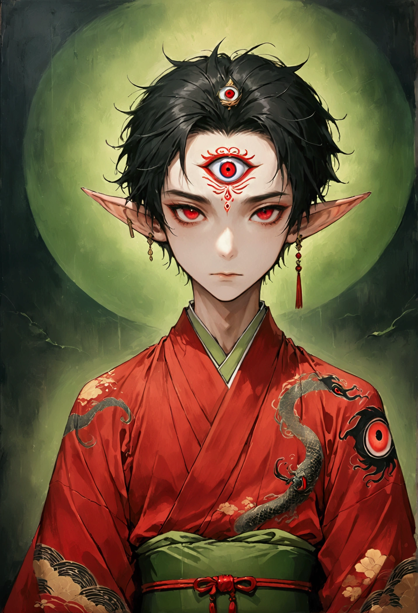 Art Illustration，Dark Style，(((1 Boy，独奏，third eye on the forehead，Elf ears))),(((Gorgeous Japanese red kimono：1.6，Eye Diagram，Dark Pattern))).(((Thin waist，Greenbelt：1.37)))