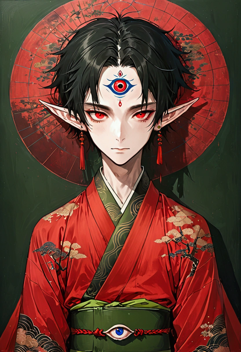 Art Illustration，Dark Style，(((1 Boy，独奏，third eye on the forehead，Elf ears))),(((Gorgeous Japanese red kimono：1.6，Eye Diagram，Dark Pattern))).(((Thin waist，Greenbelt：1.37)))