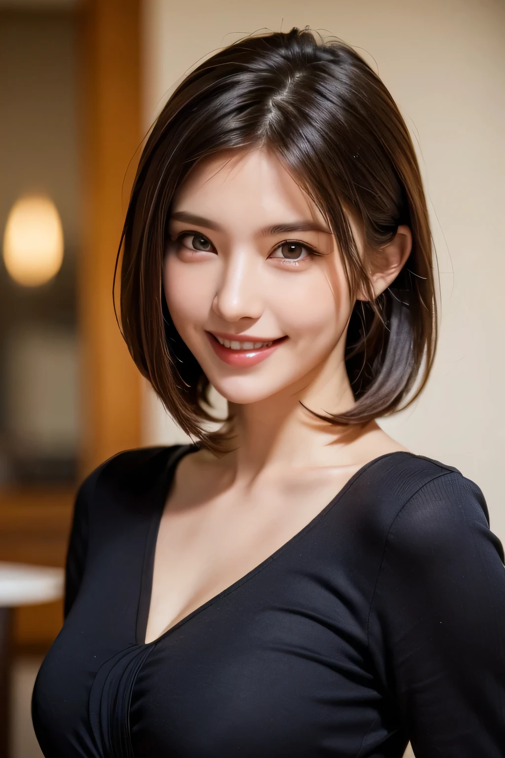 ((masterpiece)), ((Highest quality)), ((Complex)), ((Surreal)), (Realistic), (Mature Woman), ((No classes)), Very detailed, (1 female), Beautiful and exquisite, (Beautiful Teeth), Grin, Brunette Bob Hair, Brown eyes, ((blouse)), (Upper Body), (background:none), Perfect Eyes, Captivating eyes, Looking at the audience
