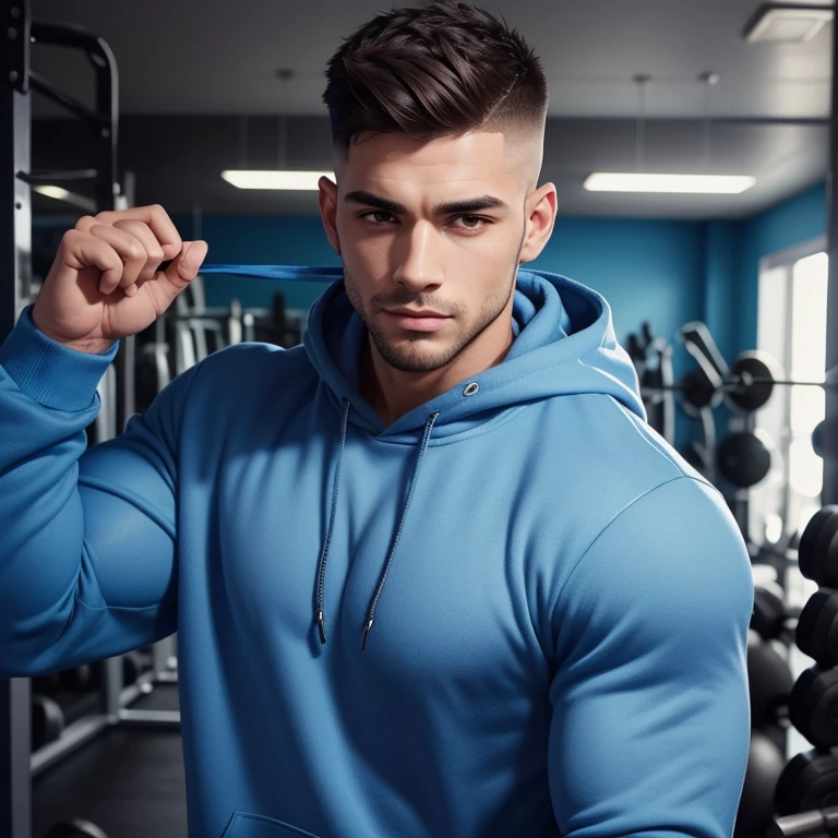 a very handsome man, with a Mid fade haircut, muscular, wearing a blue sweatshirt, in a gym, seen close up