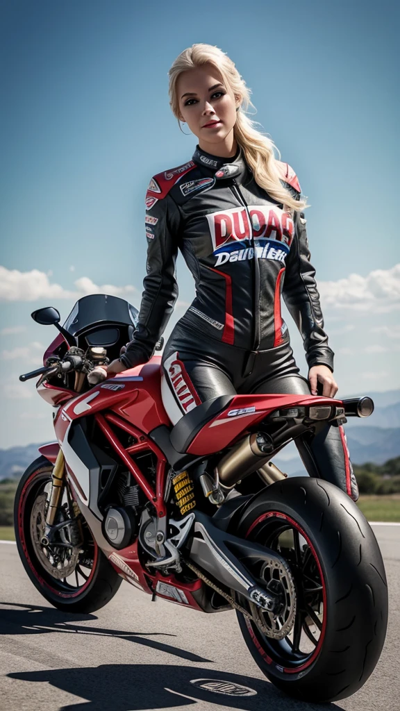beautiful blonde, 25 year old, American woman, motorcycle racing outfit, Daredevils, realistic, 8k, koda photo, photo realistic, slim body, fit, large breast, riding ducati superbike