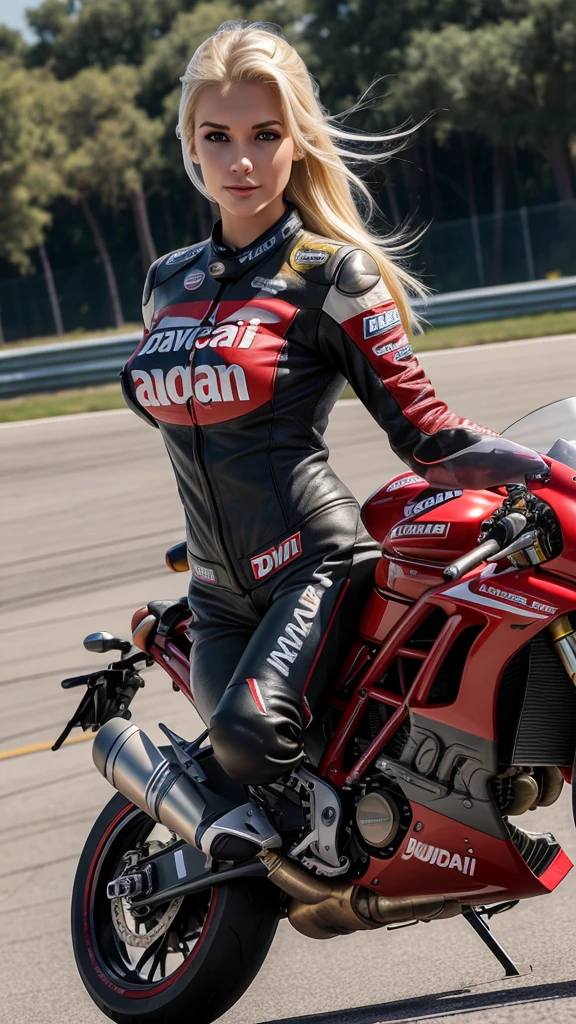 beautiful blonde, 25 year old, American woman, motorcycle racing outfit, Daredevils, realistic, 8k, koda photo, photo realistic, slim body, fit, large breast, riding ducati superbike