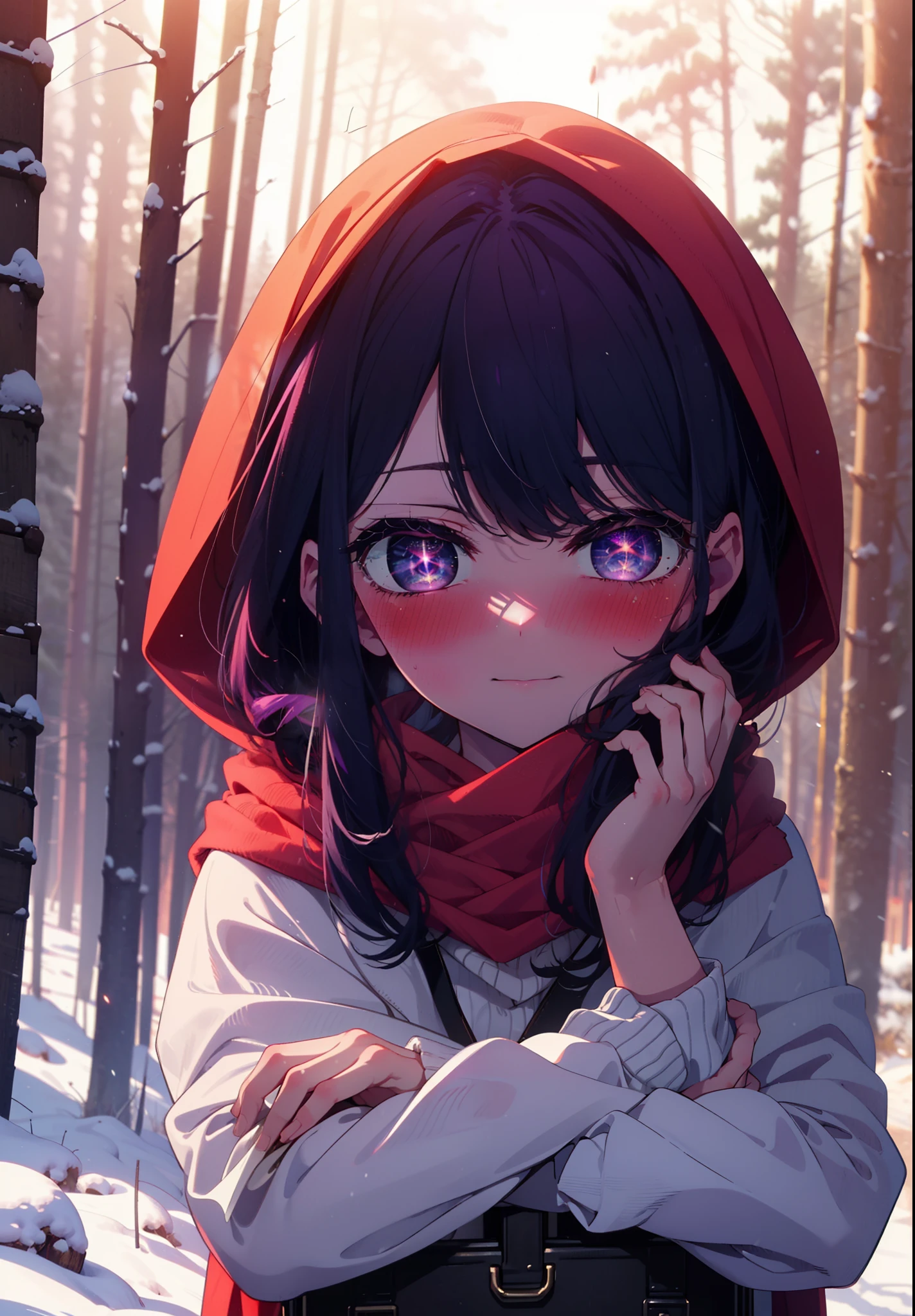 aihoshino, Ai Hoshino, Long Hair, bangs, (Purple eyes:1.1), Purple Hair, (Symbol-shaped pupil:1.5), smile,,smile,blush,white breath,
Open your mouth,snow,Ground bonfire, Outdoor, boots, snowing, From the side, wood, suitcase, Cape, Blurred, , forest, White handbag, nature,  Squat, Mouth closed, Cape, winter, Written boundary depth, Black shoes, red Cape break looking at viewer, Upper Body, whole body, break Outdoor, forest, nature, break (masterpiece:1.2), Highest quality, High resolution, unity 8k wallpaper, (shape:0.8), (Beautiful and beautiful eyes:1.6), Highly detailed face, Perfect lighting, Extremely detailed CG, (Perfect hands, Perfect Anatomy),