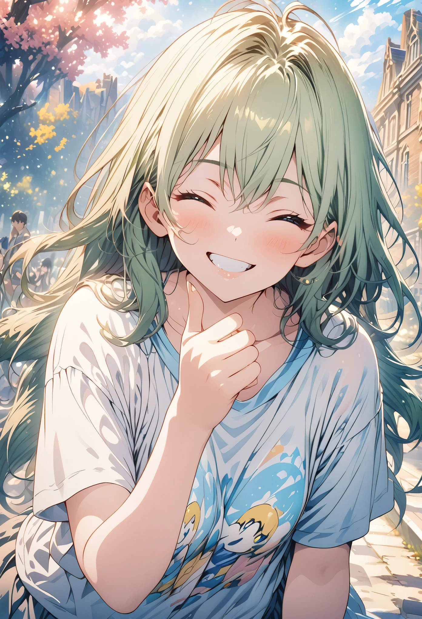 masterpiece, Highest quality, Highly detailed CG Unity 8K wallpapers, High School Girl Anime Illustration. Wearing an oversized T-shirt、She is doing thumbs up、Green Hair、she has her eyes closed and mouth open, smile. The background is a light pastel colored landscape