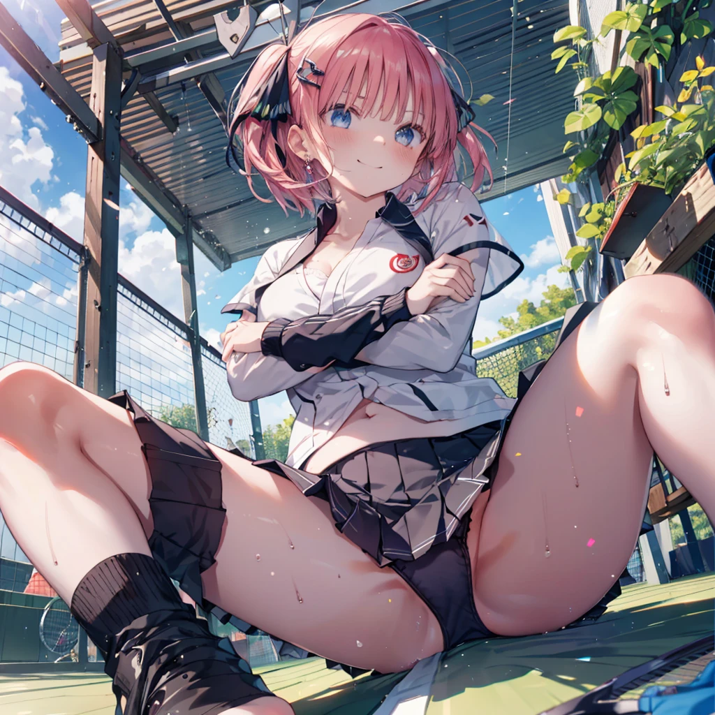 ((nswf Japanese)),(((trembling:1.3))),,Absurd, High resolution, break Show Viewer, whole body, (From below:1.5) break (Bright colors:1.3) break (One Girl:1.3), (change:1.2),Redhead, blue eyes, Tennis uniform, Hair Clip, Earrings, jewelry, nm1, Hair Ribbon, short hair, Tennis Cosplay, (Pleated super short skirt:1.4), (Thighs:1.3), large chests, (Wicked Smile:1.3), Open your mouth, (Arms crossed:1.3), (chest:1.3), Round eyes, (blowing in the Wind:0.5), Sweat around the girl, Dripping sweat, (((Very cute panties))), (Sit on a bench:1.3), (barefoot:1.3), (Foot seal:1.2),Spread your legs,Looking down,Show Viewer, Perfect Legs,Focus on the soles of the feet, Detailed depiction of the crotch,From below ceiling, I breathe, throw, (Glowing Skin:1.4), Squall (Wind:1.2), speed, 爽やかなWind, Motion Blur Effect, Wind break background is (Tennis court:1.3), (Stand in the center of the screen:1.3), (10,000 spectators:1.3), There are several people behind you, Blue sky with clouds, Outdoor, (Amazing panoramic views:1.2), Wind break sunlight, Nice views, Rainbow in the sky, Particles of light, Dynamic Angle, Dutch Angle, perspective break (Daytime, Sunbeam:1.2), Written boundary depth, Bokeh, Light leakage, (chromatic aberration:1.2), noon break