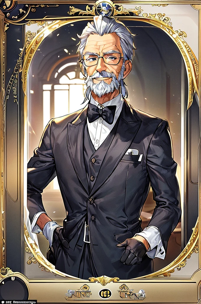 masterpiece, best quality, elderly man, skinny, very skinny, very short gray hair, unshaven beard, circular glasses, black hat, black gloves, white shirt with black suspenders, beige jacket on top, friendly smile, poker card on his hand, letter close to his face, looking ahead. poker's card
