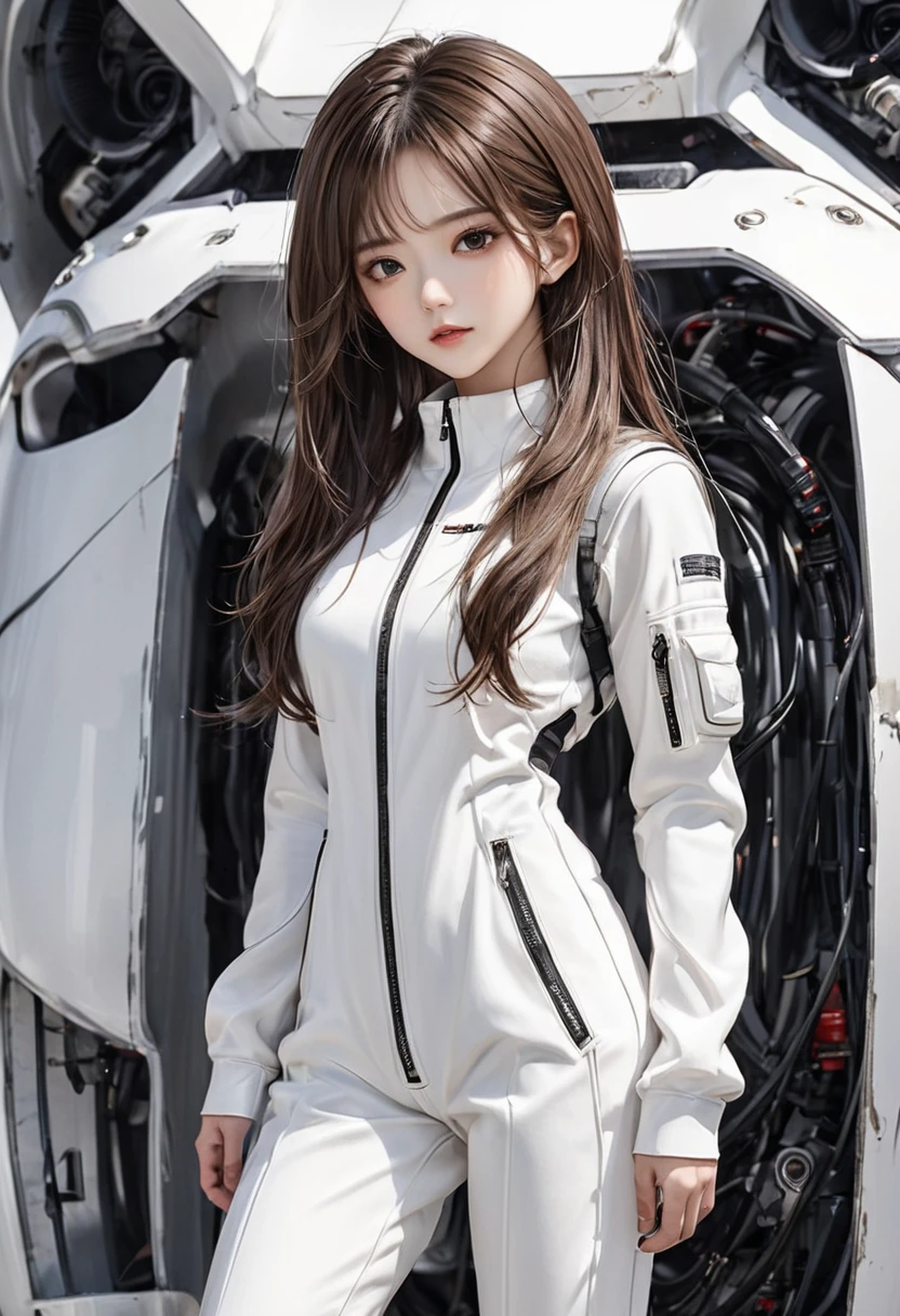 Very detailed、whole body、Brown hair semi-long hair、Wear a white jumpsuit、Wear white sneakers、Repair the powered suit、I&#39;m in the garage、woman