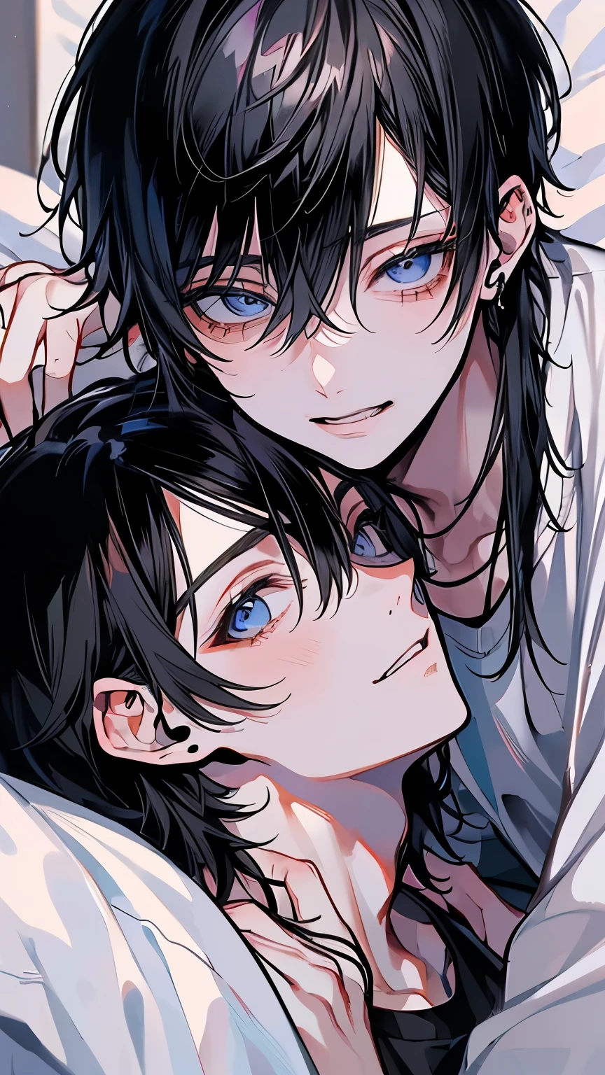 (Mastepiece), (Best Quality), Very detailed, ((Two men kissing on the cheek)), Perfect Face, (Happy Face:1.3)、Beautiful Face, Very detailed顔,(One black-haired man:1.3),(One white-haired man:1.3),T-Shirts、smile、bed
