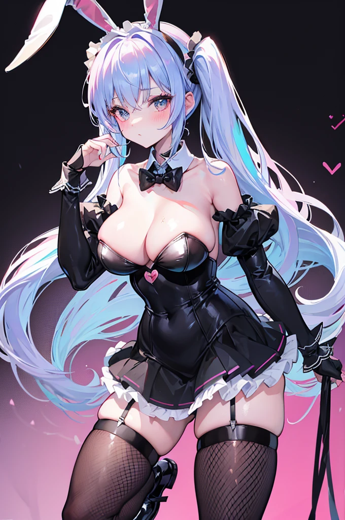 high quality,best quality,masterpiece,4k,8k,(((black bunny girl costume girl))),high leg costume,costume with collar,eighteen years old girl,great figure,large breasts,blight pink bowtie,standing,leaning forward,looking at viewer,light blue hair,pale pink inner hair color,length to shoulder twin tail hairstyle,white bunny ear headband,((fishnet stockings)),blush