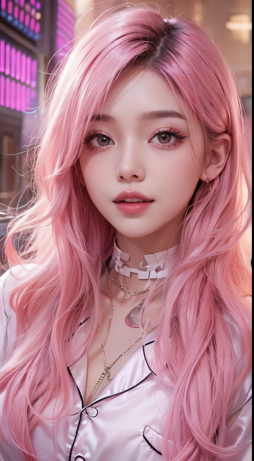 1 girl,(captivating quality:1.4),(Top quality, truly textured skins), delicate face,pink twintail hair, gradient hair, (perfect body:1.1),heart shaped choker、long eyelashes,smile with one's teeth exposed, hyperrealism, movie lights, Insert projection, surrealism, hyper hd, table top,Dream On,Wear transparent silk pajamas,camel toe,tattooed,A space of illusion,luxurious space