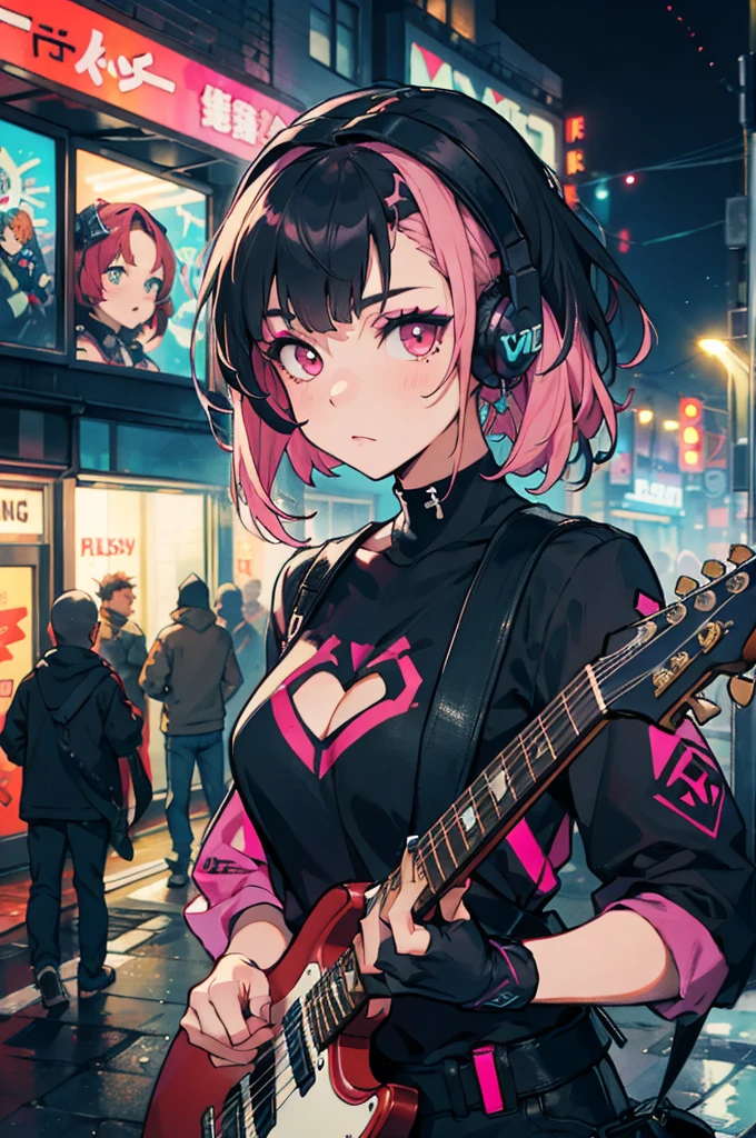 a 20 yo woman、A dark-haired、(hi-top fade:1.3)、dark themed、Muted Tones、Subdued Color、highly contrast、(natural skin textures、Hyper-Realism、Soft light、sharp)、(masutepiece:1.2, Best Quality), (real picture, Intricate details), (1lady, Solo, Upper body, Big Tits)
Clothes: Edgy, Avant-garde, experimental
appearance: Shaved head or bold hair color, Dramatic makeup, Unconventional fashion choices
behavior: defiance, non-conformist, place of provocation: urban art district, Underground Music Scene
hobby: attending punk shows, creating mixed media art, Try different subcultures
values: individuality, authenticity, Creative Expression Inspiration: Punk rock music, guitar，Counterculture icons, Characters of the avant-garde movement: Bold, boldness, Unconventional. One woman in a neon street Pink hair Full shot Rough Headphones Full body