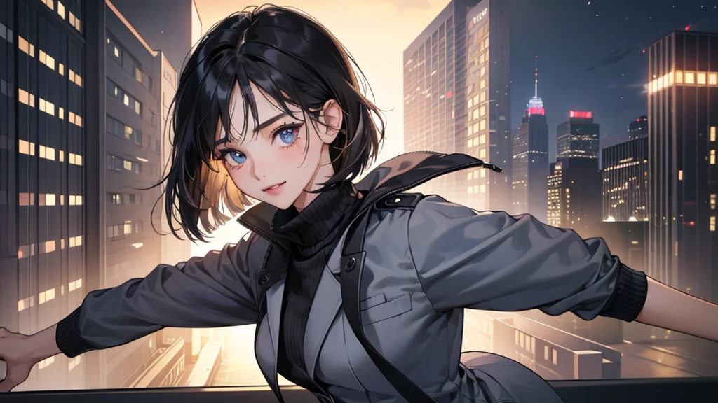 (perfect anatomy:1.2)(absurdres, highres, ultra detailed),masterpiece,best quality,high resolution,8k,Realistic face,Realistic skin texture,magnified textures, stunning clarity,detailed anime girl,(ultra detailed eyes and face),(1 girl:1.7)21years old,she is office worker,,smile:1.2,black hair, bob cut,natural make,grey jacket and pants,black brouse,,sparkling eyes.small nose,roundface、just left the office when it was time to leave,night, bussines district,she is walking,happy,she just leave her company,upper body