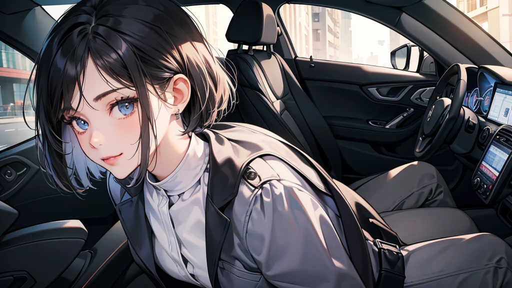 (perfect anatomy:1.2)(absurdres, highres, ultra detailed),masterpiece,best quality,high resolution,8k,Realistic face,Realistic skin texture,magnified textures, stunning clarity,detailed anime girl,(ultra detailed eyes and face),(1 girl:1.7)21years old,she is office worker,,smile:1.2,black hair, bob cut,natural make,grey jacket and pants,black brouse,,sparkling eyes.small nose,roundface、just left the office when it was time to leave,night, bussines district,she is walking,happy,she just leave her company,upper body