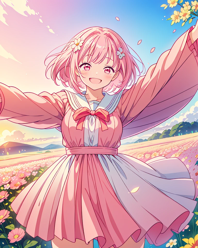 (Highest quality, 32K, High resolution, Masterpiece:1.5), One Girl, Cute anime-style illustrations, god々It has a brilliant and healing power., , Expressing emotions, Have a rich imagination, Cute Japanese Girls, Perfect Human Anatomy, Large gradient color eyes, Motherhood and generosity, Deep Love, ((A happy smile:1.8)), ((Shiny pink hair:1.5)), Short hair swaying in the wind, Asymmetrical bangs, Hair between the eyes, Transparent, soft white skin, Sharp eyebrows, Thin lashes, Natural Makeup, Detailed and cute lips, (Magical Girl Dresses:1.2), ((A flower field that stretches to the horizon:1.2)), Slim figure with ample breasts, Beautifully detailed skies, ((Vibrant petal effect:1.2)), god秘的