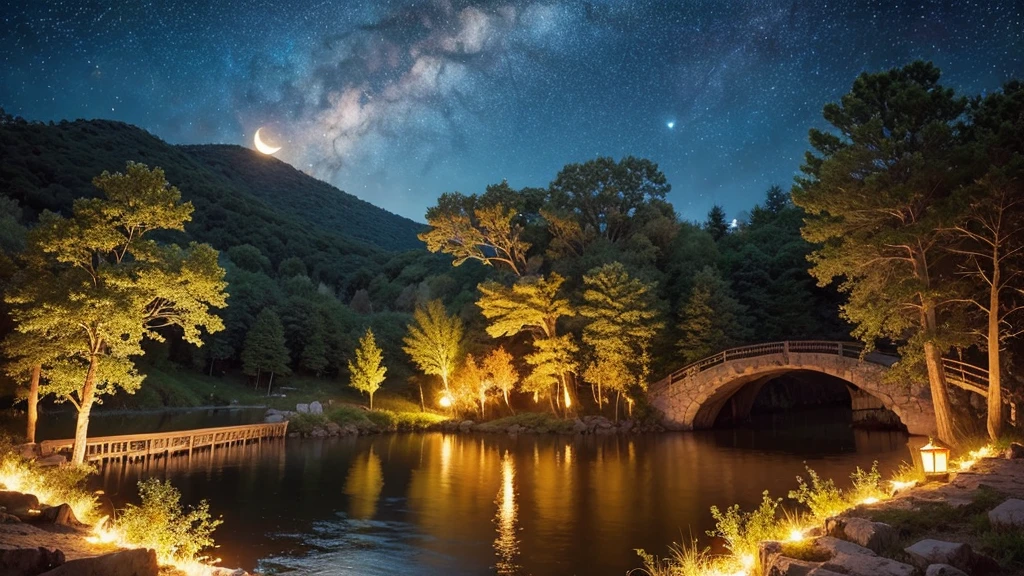 Best image quality,masterpiece,Fantasy,Majestic nature,night,Starry Sky,moon,The murmur of a river,firewood,View from below
