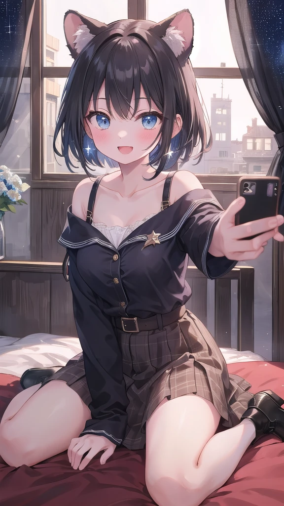 (8K、top-quality、masterpiece:1.2)、(realisitic、ultra-detailliert、超A high resolution、1 girl,17years,beautifull detailed face,perfect body,((layered hair,long black hair)),((daytime)),Constriction、(Slim waist :1.3)、Beautiful detailed skin、Skin Texture、Floating hair、((daylight)),(glasses,large breasts,
striped dark blue lace shirt ,frilled skirt,
nsfw, pov,(selfie:1.2),phone_screen,head_out_of_frame, (fisheye distorted lens:1.2),on bed,bedroom,
,(shirt lift:1.2) ,large breast,focus breasts,show bra ,lace bra,navel