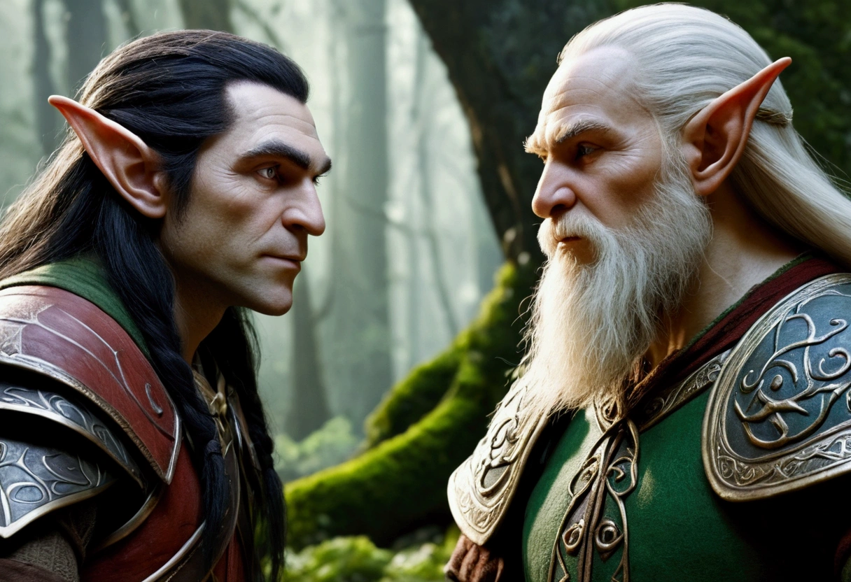 War between the Elves and the various races together, side by side in a friendly posture, talking, dwarf, Um gigante, an elf and a very pale man