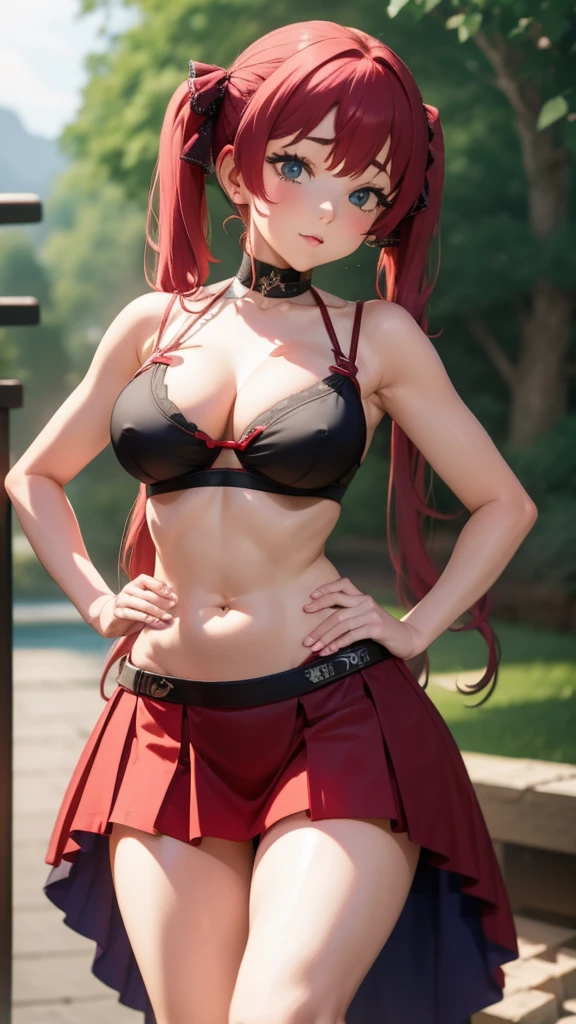 masterpiece, best quality, 1girl, solo, animegirl, houshou marine from hololive, houshow marine, big breasts, wearing red bra, stomach exposed, red pleaded skirt, thick thighs, belly, sexy, realistic physique, red hair, twintails, standing, hands behind head, armpit
