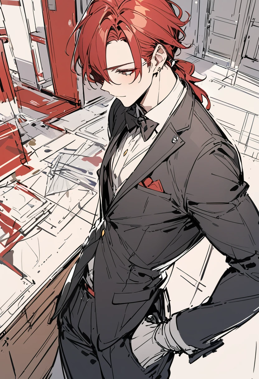 Line art, masterpiece, Highest quality, Super Detail、suit,male,sketch,Red Hair