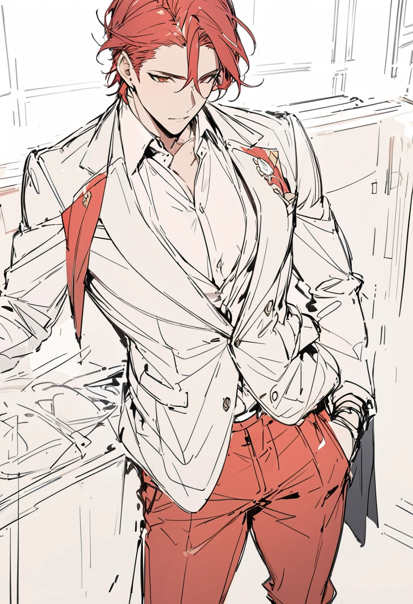 Line art, masterpiece, Highest quality, Super Detail、suit,male,sketch,Red Hair