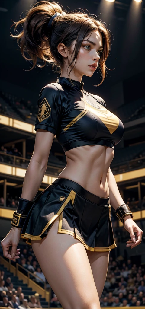 Golden long hair; eyes are clear sapphire blue; a ponytail; healthy bronze skin; a well-proportioned and smooth figure; muscles are firm yet not lacking in feminine softness; the leg lines are tight and powerful, with a flat and firm abdomen; the top is bright yellow, with a fitted cut that reveals the abdomen, embroidered with the team's emblem on the chest, and her name "Skye" is embroidered in large letters on the back, highlighting her personal identity. The bottom is a black skirt with a gold trim on the hem, which swings lightly with the movement, showing feminine elegance without hindering the execution of any difficult movements. She wears white wrist guards and knee pads, which are not only decorative but also important equipment for protecting the body during training and competition. Her professional cheerleading shoes, which match the uniform in color, provide good support and grip, ensuring that every jump and landing is safe and stable.thick thighs,fleshy thighs,revealing her thighs,big natural breasts,huge round breasts,busty girl,supermodel figure,perfect body