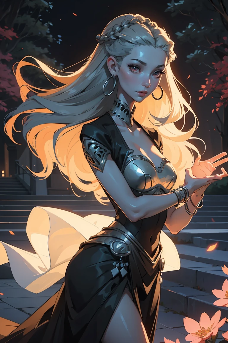 Goddess ((goddess-like woman)), slim elegant silhouette, masterpiece, grey-skinned, (close angle), best quality, sweet face, (masterpiece:1,2, best quality), (real picture, intricate details), (1 lady , solo, medium tits, slim waistline, ), (gray skin, mint hair, red glowing eyes), a woman with long hair, red eyes, colored skin, floating hair, she has an impressive presence., long hair, bracelet, hoop earrings, jewelry, beautiful face, beautiful eyes, she looks at the viewer, she wears a black dress, sweet irresistible smile, elegant pose, elegant hands, beautiful hands, perfect fingers,, background: Park at night, Park, a beautiful park, trees, walkway, flowers, bushes, at night, beautiful full moon night, full moon