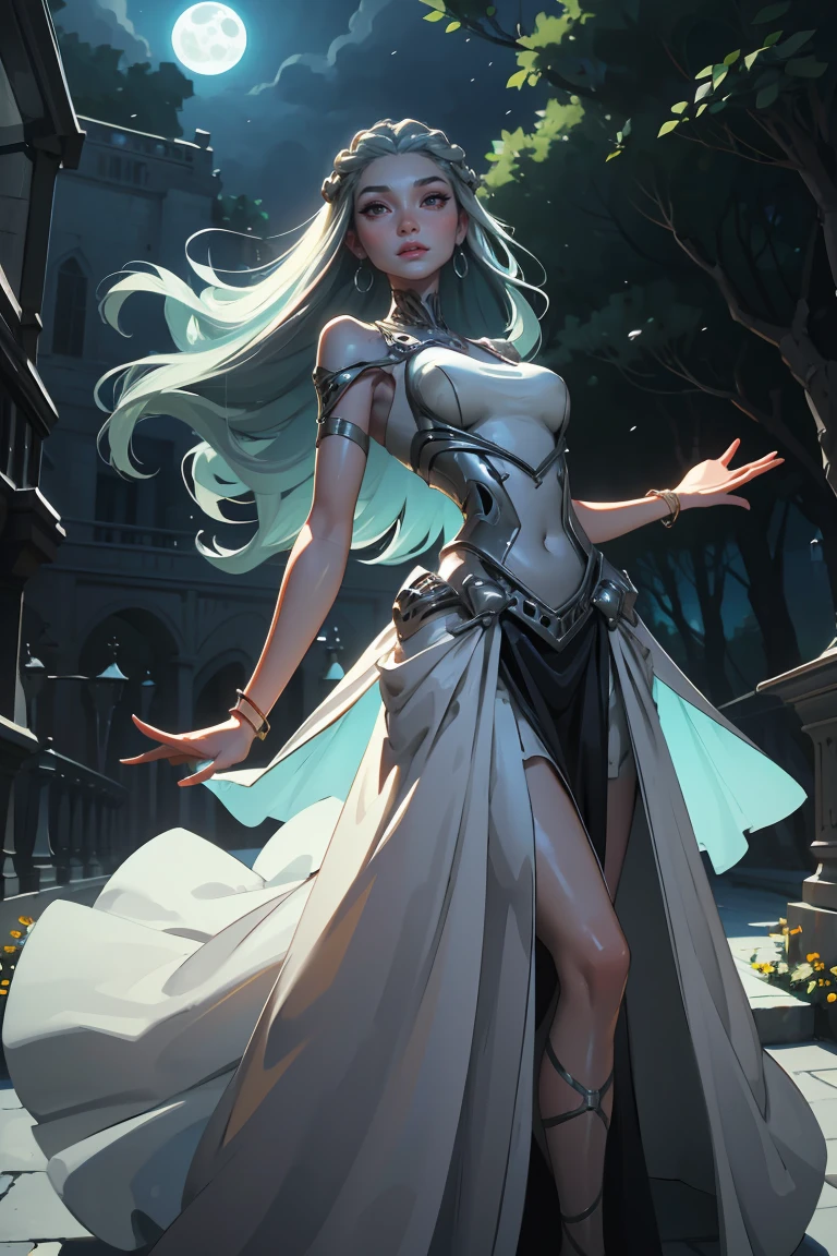 Goddess ((goddess-like woman)), slim elegant silhouette, masterpiece, grey-skinned, (close angle), best quality, sweet face, (masterpiece:1,2, best quality), (real picture, intricate details), (1 lady , solo, medium tits, slim waistline, ), (gray skin, mint hair, red glowing eyes), a woman with long hair, red eyes, colored skin, floating hair, she has an impressive presence., long hair, bracelet, hoop earrings, jewelry, beautiful face, beautiful eyes, she looks at the viewer, she wears a black dress, sweet irresistible smile, elegant pose, elegant hands, beautiful hands, perfect fingers,, background: Park at night, Park, a beautiful park, trees, walkway, flowers, bushes, at night, beautiful full moon night, full moon