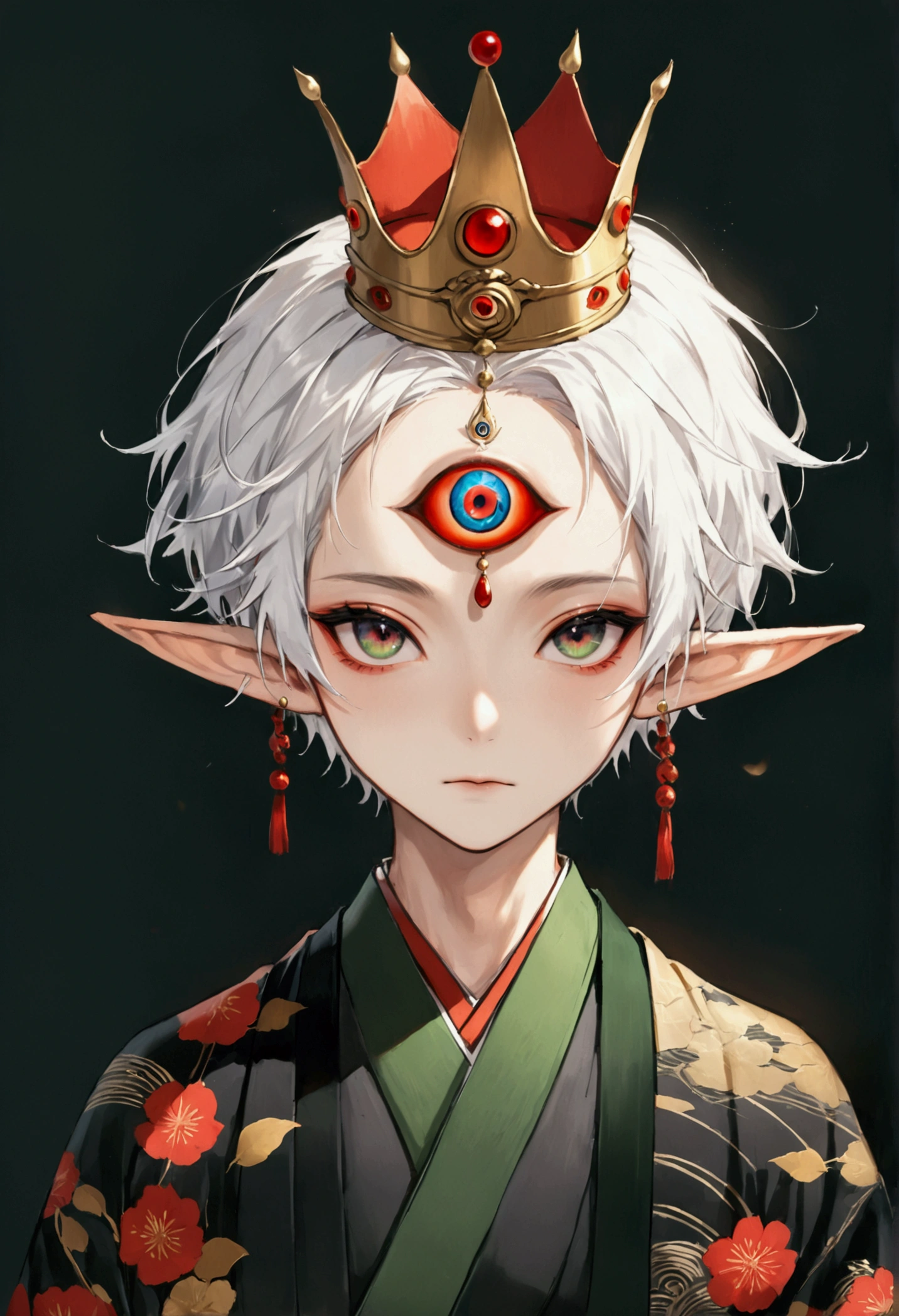 (((1Boy wearing a crown，独奏，third eye on the forehead，Dark eyeshadow.Middle-parted white hair-super short hair，Elf ears))),(((Gorgeous Japanese kimono：1.6，Eye Diagram，Dark Pattern))).(((Thin waist，Greenbelt：1.37)))，cool