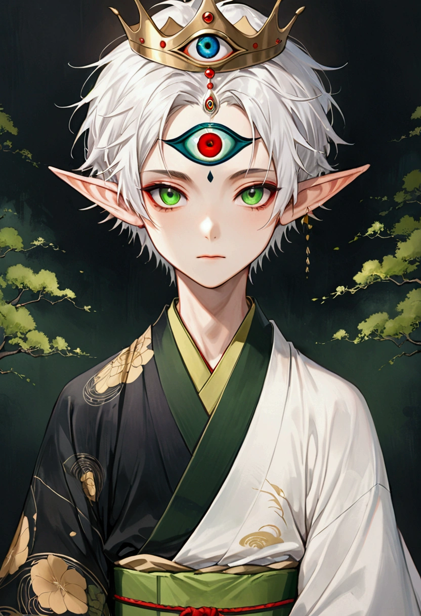 (((1Boy wearing a crown，独奏，third eye on the forehead，Dark eyeshadow.Middle-parted white hair-super short hair，Elf ears))),(((Gorgeous Japanese kimono：1.6，Eye Diagram，Dark Pattern))).(((Thin waist，Greenbelt：1.37)))，cool