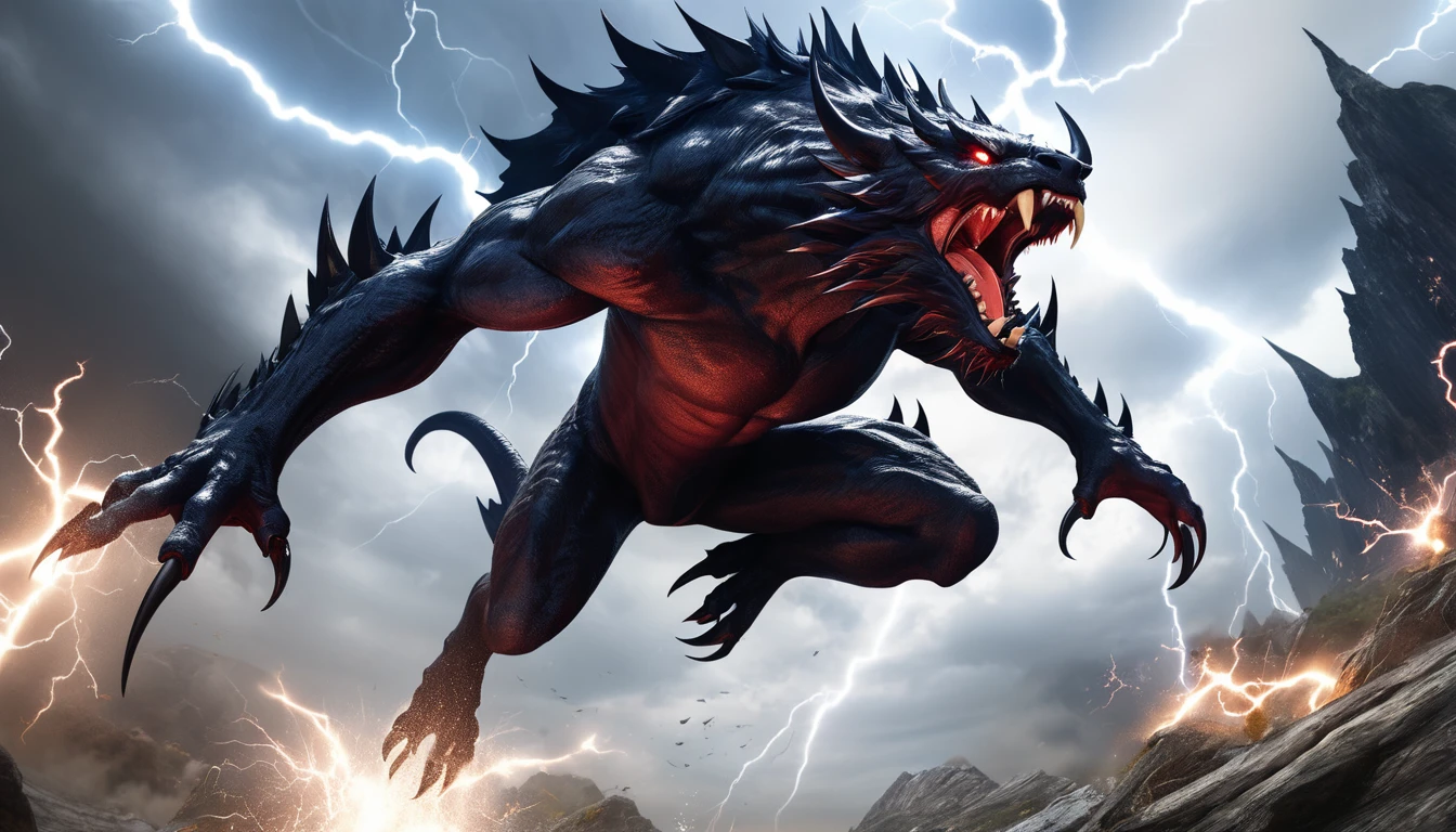 Realistic photos, RAW Photos, daemon, attacks viewer, Powerful movements, jump on prey, ((Dynamic jump)), Sharp Claws, daemon approaching from above, sudden approach, Bad-tempered, dynamic Shot from grand, lightning magic