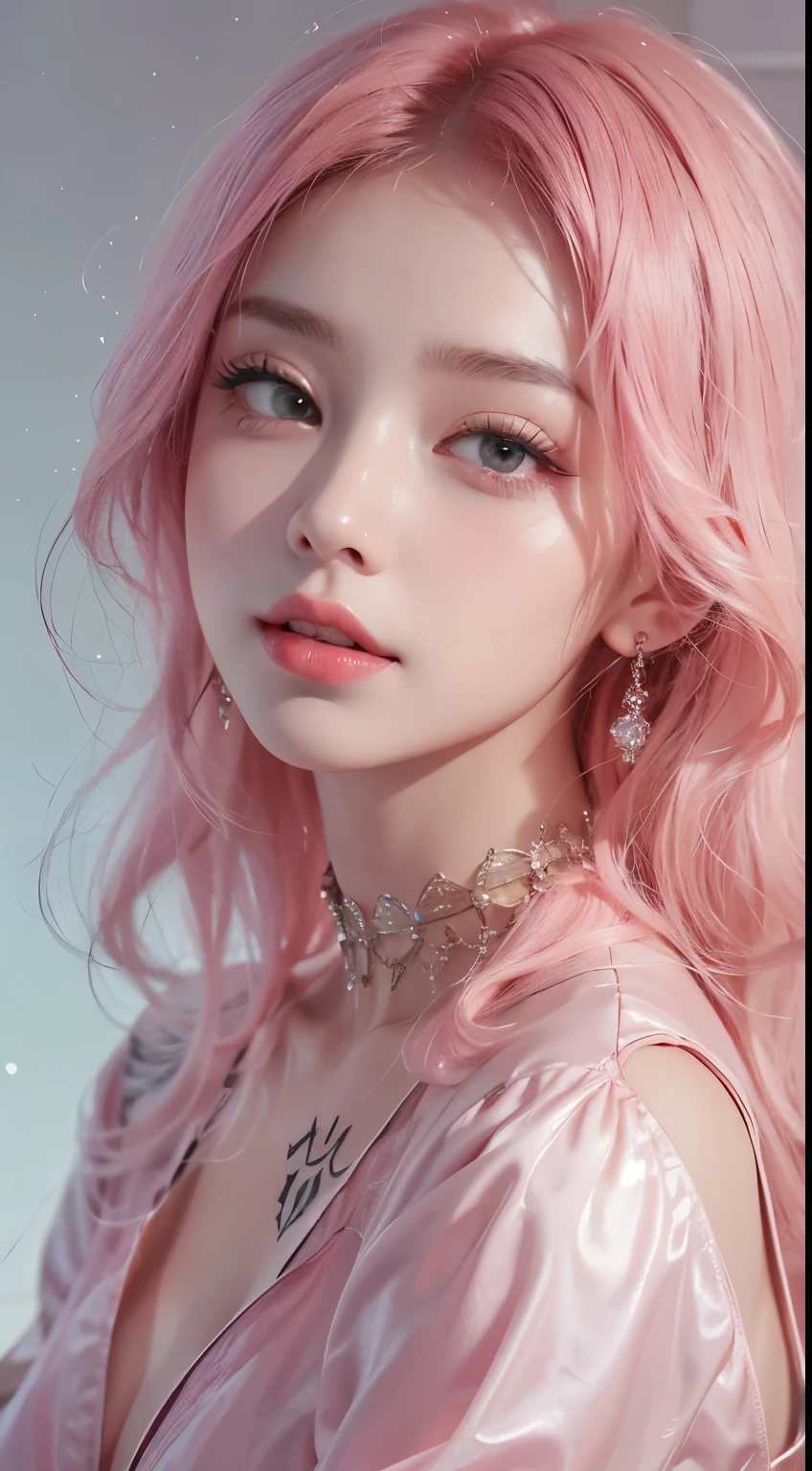 1 girl,(captivating quality:1.4),(Top quality, truly textured skins), delicate face,pink twintail hair, gradient hair, (perfect body:1.1),heart shaped choker、long eyelashes,smile with one's teeth exposed, hyperrealism, movie lights, Insert projection, surrealism, hyper hd, table top,Dream On,Wear transparent silk pajamas,camel toe,tattooed,A space of illusion,luxurious space
