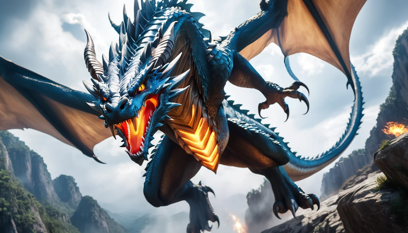 Realistic photos, RAW Photos, dragon, attacks viewer, Powerful movements, jump on prey, ((Dynamic jump)), Sharp Claws, dragon approaching from above, sudden approach, Bad-tempered, dynamic Shot from grand, breath of lightning