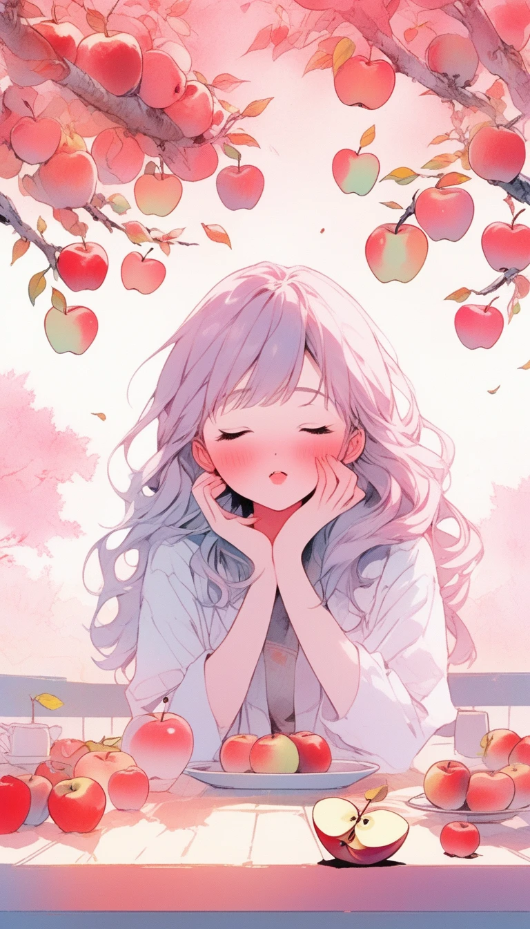 ilustrador, Japanese cartoons , Practical ,sketch , 1 Girl, Close your eyes,Enjoy the sunshine, lips, Order, Pink gradient background, There are many apples on the apple tree next to it,Neon hair,Texture cropping, Canada, (On the table,best quality)