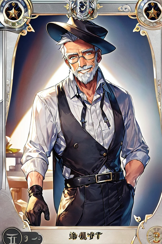 masterpiece, best quality, elderly man, skinny, very skinny, very short gray hair, unshaven beard, circular glasses, black hat, black gloves, white shirt with black suspenders, beige jacket, friendly smile, poker card on his hand, letter close to his face, looking ahead. poker's card