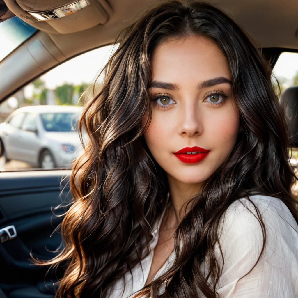 a beautiful young woman. She has long, dark hair styled in loose waves, and her skin is smooth and radiant. Her eyes are expressive and bright, with a hint of natural makeup to enhance her beauty. She wears red lipstick. She has a confident and friendly expression, looking directly at the camera. She is in a car and she is driving.