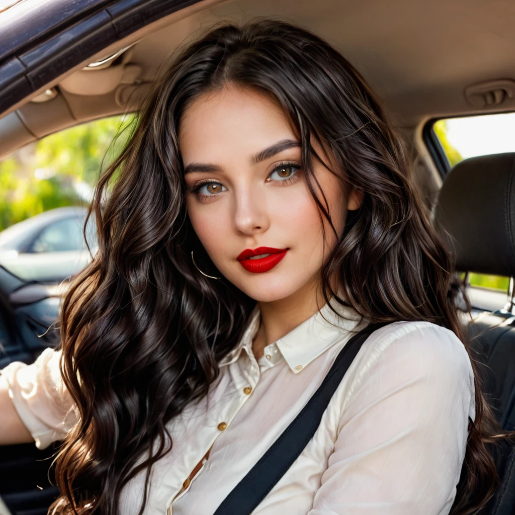 a beautiful young woman. She has long, dark hair styled in loose waves, and her skin is smooth and radiant. Her eyes are expressive and bright, with a hint of natural makeup to enhance her beauty. She wears red lipstick. She has a confident and friendly expression, looking directly at the camera. She is in a car and she is driving.