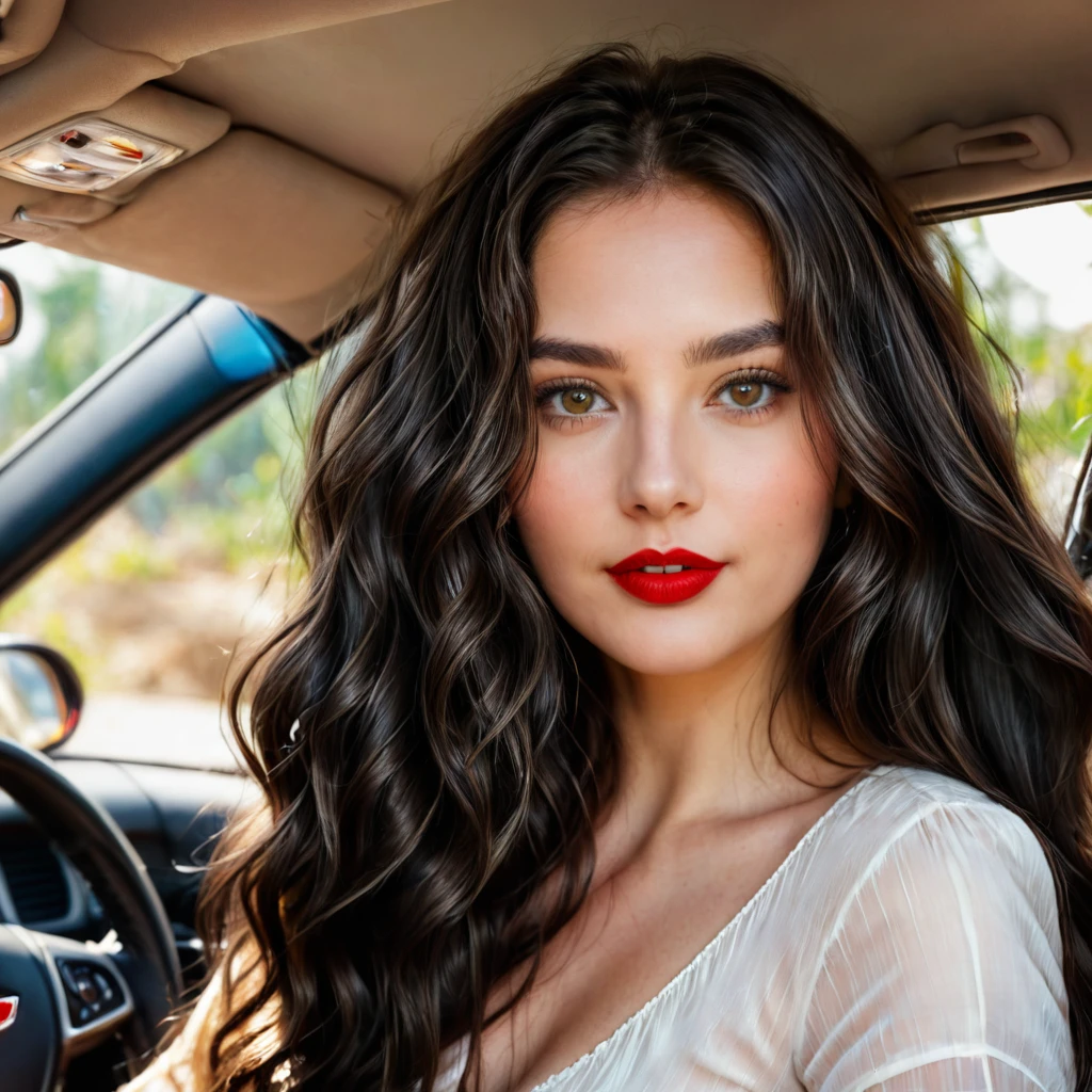 a beautiful young woman. She has long, dark hair styled in loose waves, and her skin is smooth and radiant. Her eyes are expressive and bright, with a hint of natural makeup to enhance her beauty. She wears red lipstick. She has a confident and friendly expression, looking directly at the camera. She is in a car and she is driving.