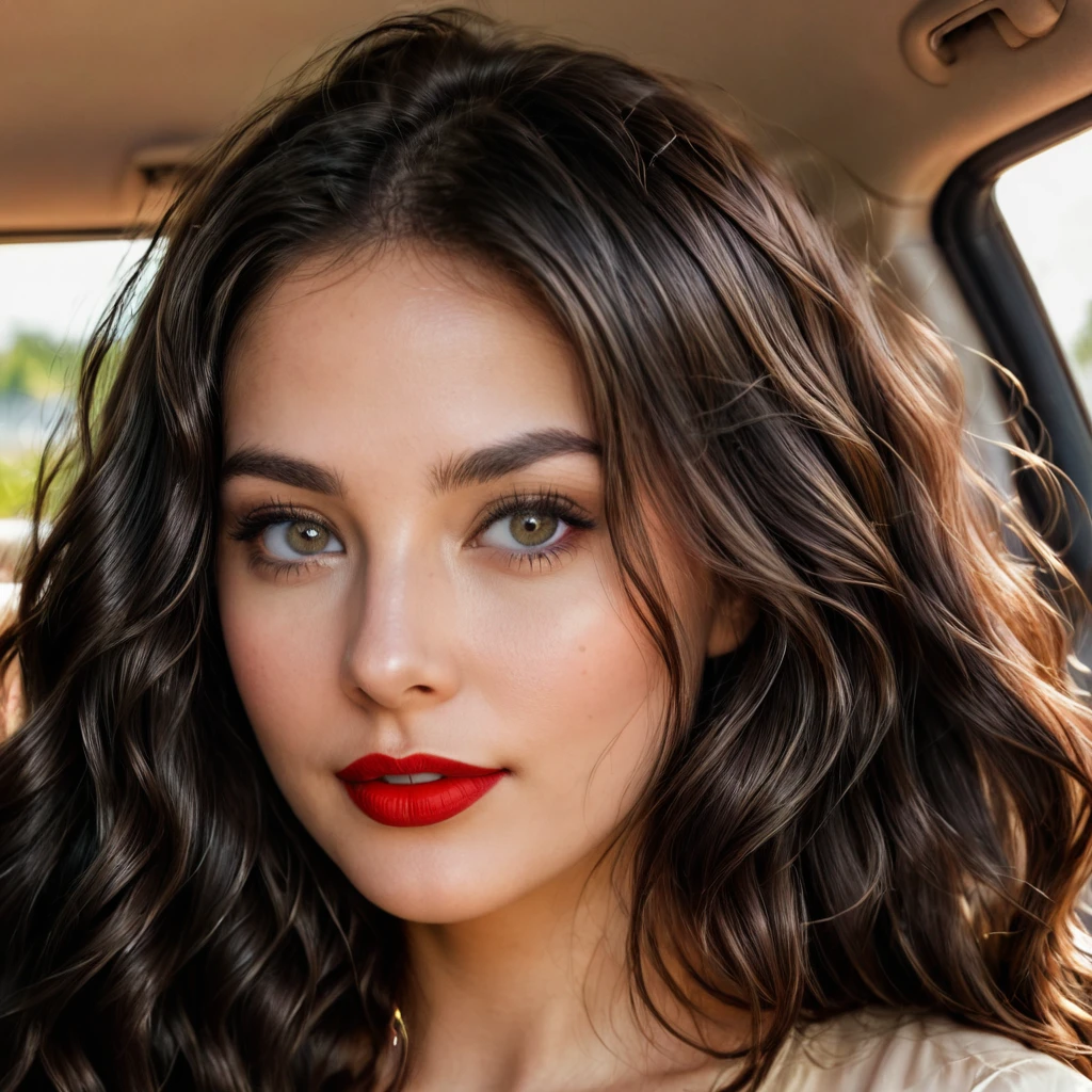 a beautiful young woman. She has long, dark hair styled in loose waves, and her skin is smooth and radiant. Her eyes are expressive and bright, with a hint of natural makeup to enhance her beauty. She wears red lipstick. She has a confident and friendly expression, looking directly at the camera. She is in a car and she is driving.