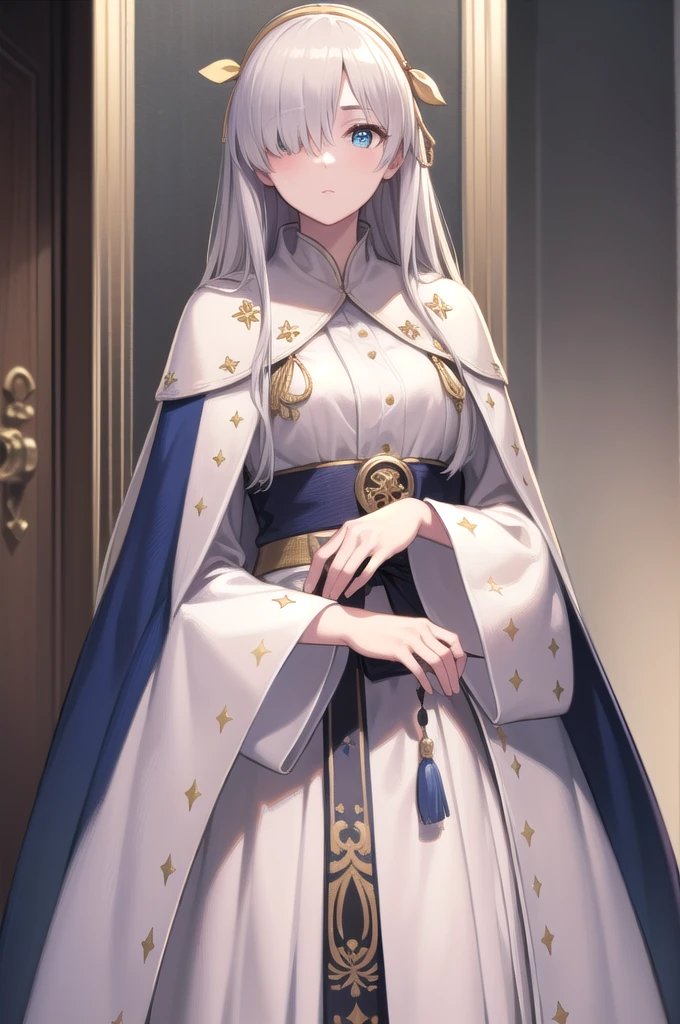 fgoAnastasia, Anastasia, blue eyes, Grey Hair, Hair between the eyes, (Hair on one eye:1.5), Long Hair, bangs,
break blue Cape, brown hair band, Cape, dress, Fur trim, hair band, Royal Robes, sash, tachi-e, white dress, Wide sleeves,
break looking at viewer,
break indoors,
break (masterpiece:1.2), Highest quality, High resolution, unity 8k wallpaper, (figure:0.8), (Beautiful attention to detail:1.6), Highly detailed face, Perfect lighting, Highly detailed CG, (Perfect hands, Perfect Anatomy),