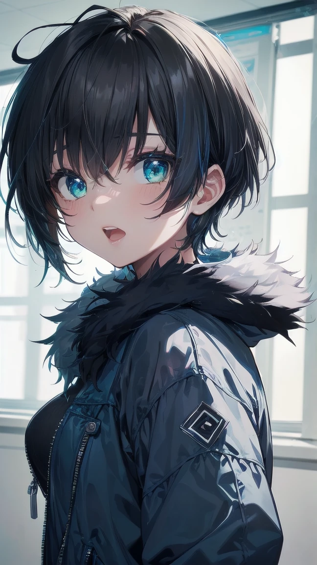 Close-up of a cartoon girl with blue hair and a yellow shirt, 2D Animation, 2D Animation style, 2D Art, 2D Art, 2D from Gorillaz, 2D from Gorillaz, 2D Gorillaz, Screaming Cerket, 2D Sprites, Jinx Face, short hair, Small breasts, hot pants, ((Black Hair, Bright blue fur inside:1.4))