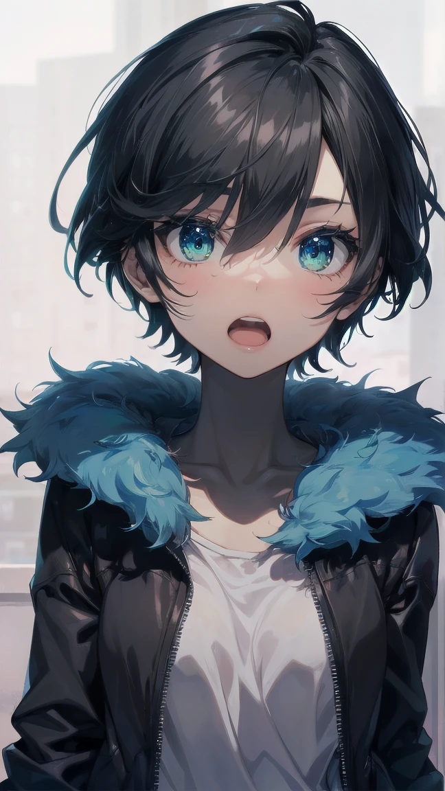 Close-up of a cartoon girl with blue hair and a yellow shirt, 2D Animation, 2D Animation style, 2D Art, 2D Art, 2D from Gorillaz, 2D from Gorillaz, 2D Gorillaz, Screaming Cerket, 2D Sprites, Jinx Face, short hair, Small breasts, hot pants, ((Black Hair, Bright blue fur inside:1.4))