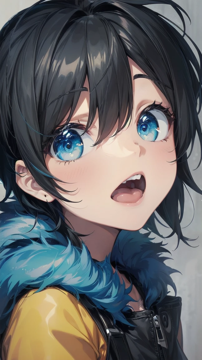 Close-up of a cartoon girl with blue hair and a yellow shirt, 2D Animation, 2D Animation style, 2D Art, 2D Art, 2D from Gorillaz, 2D from Gorillaz, 2D Gorillaz, Screaming Cerket, 2D Sprites, Jinx Face, short hair, Small breasts, hot pants, ((Black Hair, Bright blue fur inside:1.4))