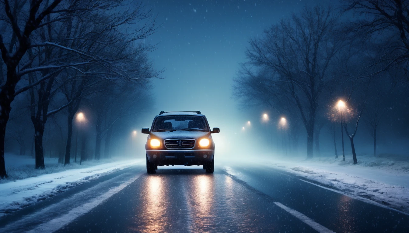 Scary horror image of a family traveling by car on the road at night ,in a snowstorm  , PICTURE REALISTIC, high resolution, 8k 