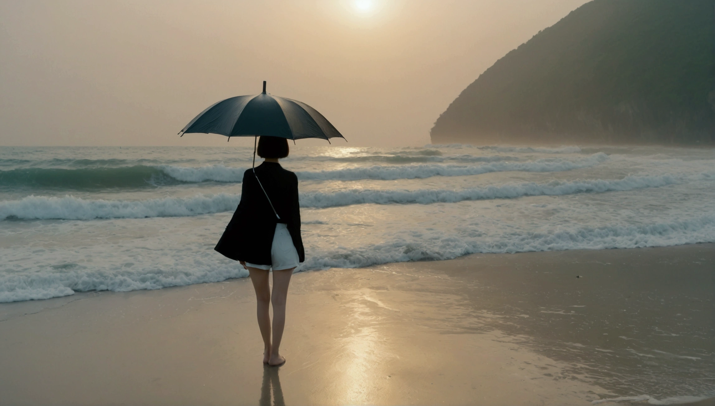 8k, Vivid picture quality, Vivid picture quality, long deserted beach, Full body shot from a distance with a wide angle lens, Short hair, beautiful appearance, Model-like body, Short and slim Korean woman, sunset의 붉은 빛, sunset, alone, afternoon, depressed, tide가 밀려온다, rain, medium size black umbrella, ocean, tide, wind, Clear picture quality, tower, White shorts, Wearing a black umbrella and looking at the camera, Short hair, short woman