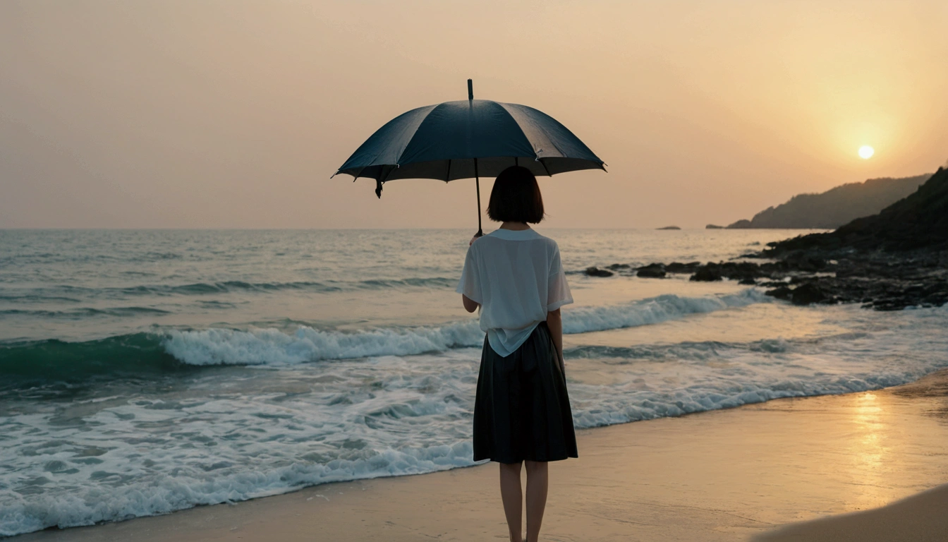 8k, Vivid picture quality, Vivid picture quality, long deserted beach, Full body shot from a distance with a wide angle lens, Short hair, beautiful appearance, Model-like body, Short and slim Korean woman, sunset의 붉은 빛, sunset, alone, afternoon, depressed, tide가 밀려온다, rain, medium size black umbrella, ocean, tide, wind, Clear picture quality, tower, White shorts, Wearing a black umbrella and looking at the camera, Short hair, short woman