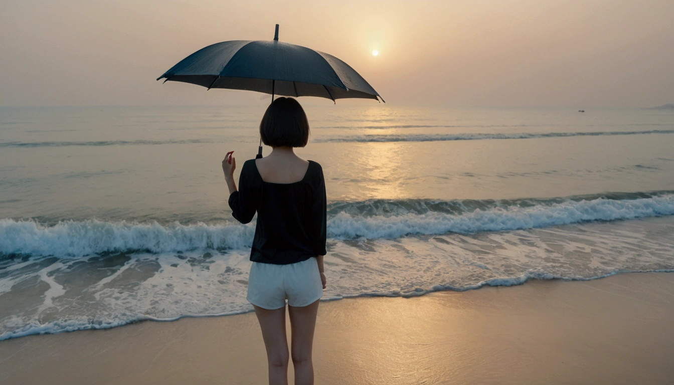 8k, Vivid picture quality, Vivid picture quality, long deserted beach, Full body shot from a distance with a wide angle lens, Short hair, beautiful appearance, Model-like body, Short and slim Korean woman, sunset의 붉은 빛, sunset, alone, afternoon, depressed, tide가 밀려온다, rain, medium size black umbrella, ocean, tide, wind, Clear picture quality, tower, White shorts, Wearing a black umbrella and looking at the camera, Short hair, short woman